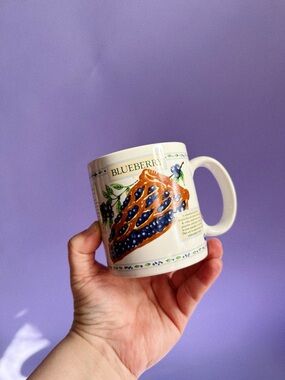 Vintage Himark Blueberry Pie Ceramic Mug - White with Blue Illustration